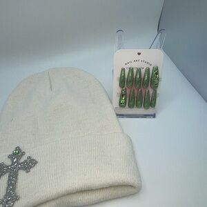 Silver Cross with green Cream Beanie, green nails